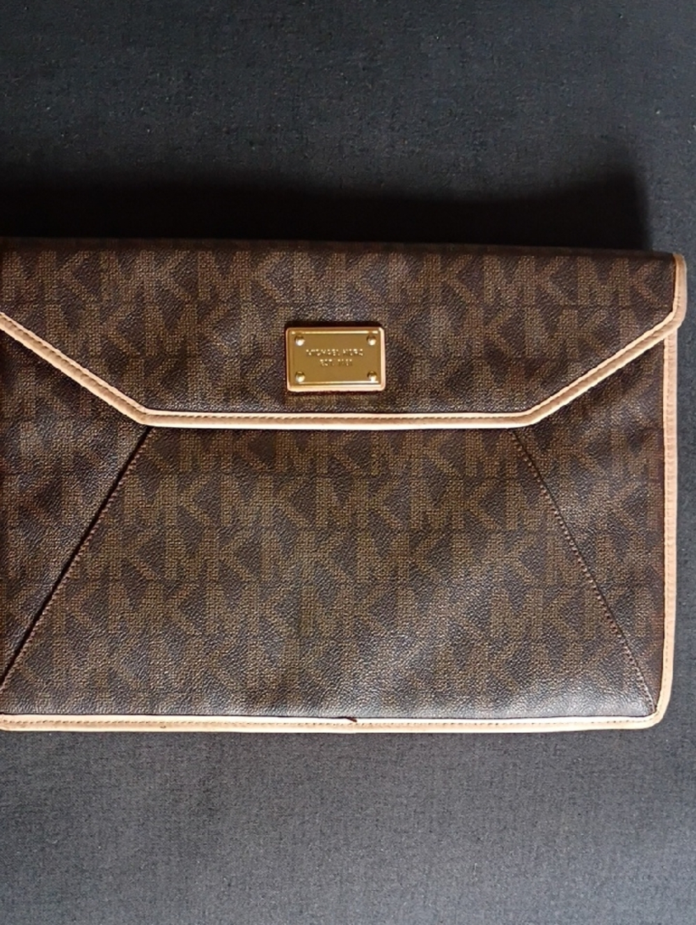 Michael Kors Brown and Tan Signature Envelope Clutch 13"